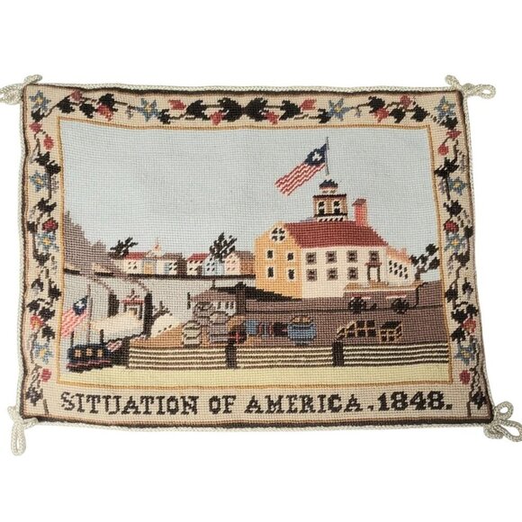 Vintage Katha Diddel 100% Wool 1848 American Mail Steamship Needlepoint Pillow - Picture 2 of 13